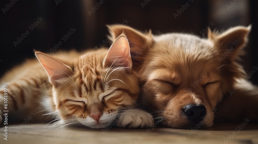 Cat and dog sleeping together. Kitten and puppy taking nap. Home pets. Animal care. Love and friendship. Created with Generative AI technology. Cat and dog sleeping together. Kitten and puppy taking nap. Home pets. Animal care. Love and friendship. Created with Generative AI technology.