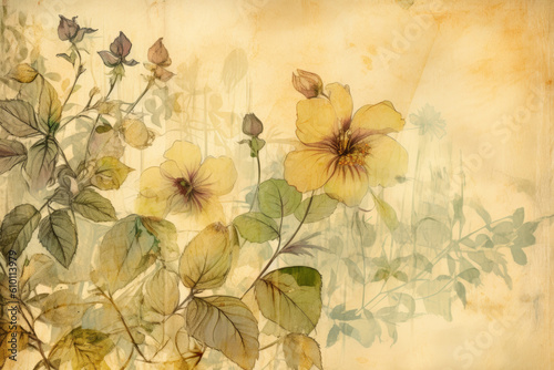 Yellowed paper texture with watercolor floral illustrations and faded handwriting, generative ai
