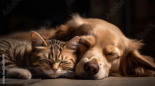 Cat and dog sleeping together. Kitten and puppy taking nap. Home pets. Animal care. Love and friendship. Created with Generative AI technology.