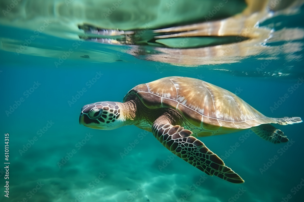 Fototapeta premium Sea turtle underwater in ocean, Generative AI