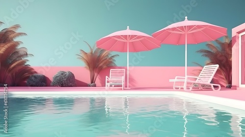 Swimming pool with beach umbrella and chairs. Pink summer vacation concept. 3d rendering, Bright color, ultra realistic