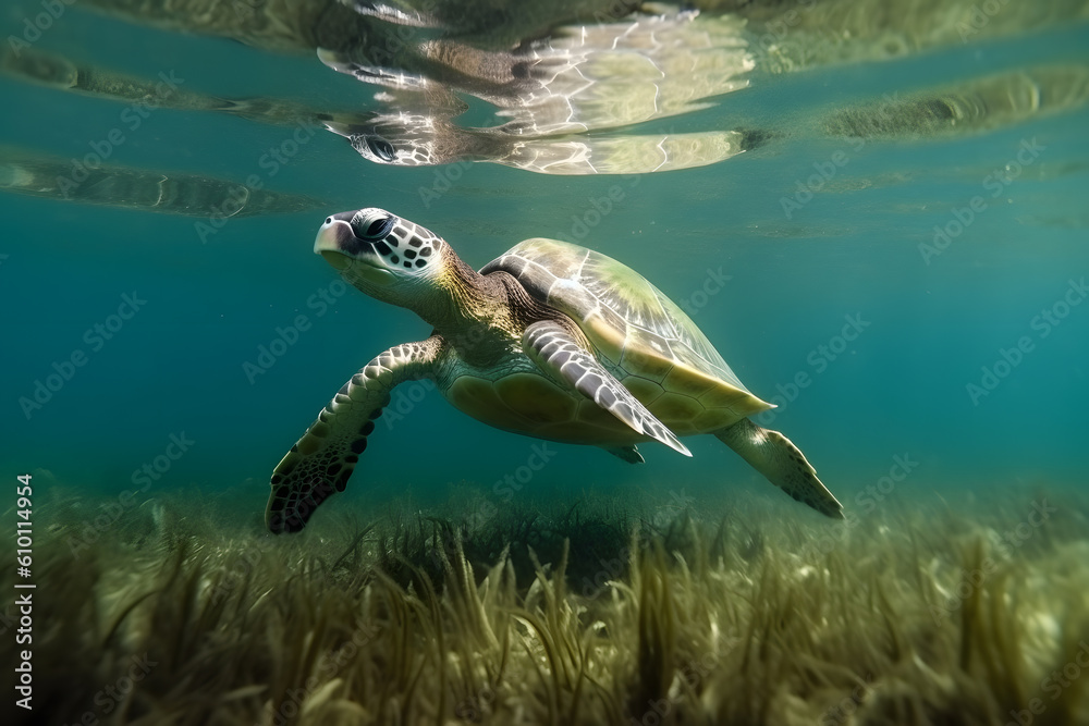 Fototapeta premium Sea turtle underwater in ocean, Generative AI