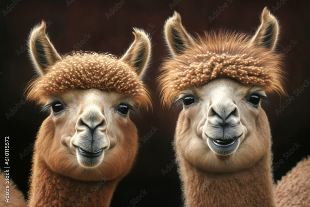 Portrait of two alpacas. Couple, friend or family alpaca. Realistic, smile funny animal concept image. Made with Generative AI Portrait of two alpacas. Couple, friend or family alpaca. Realistic, smile funny animal concept image. Made with Generative AI