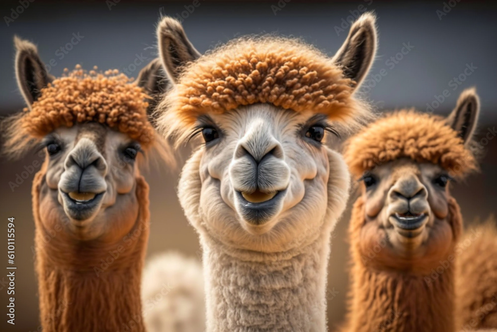 A herd of alpacas. Farm rural life, alpaca in outdoor concept image. Realistic, smile funny animal concept. Made with Generative AI