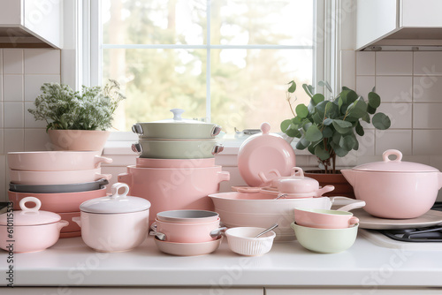 Wallpaper Mural A composition of white pastel pink ceramic frosted tableware. Plates, mugs, bowls and saucers in a delicate pink color. Cute dinnerware set. Generative AI professional photo imitation. Torontodigital.ca
