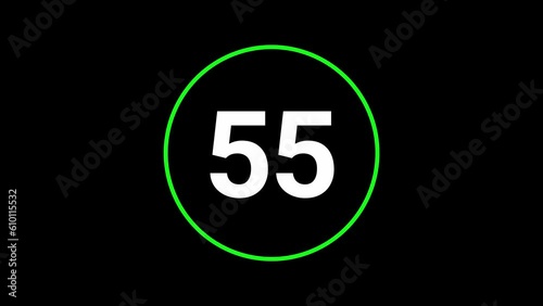 Stylish 60 seconds (1 minute) green and white countdown timer on black bg. Circle shaped smooth animated indicator. Green and white colour on black background. photo