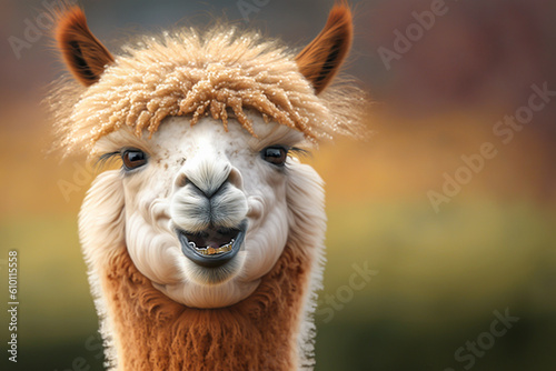 Portrait of cute alpaca. Realistic, smile funny animal concept image. Made with Generative AI © Koshiro