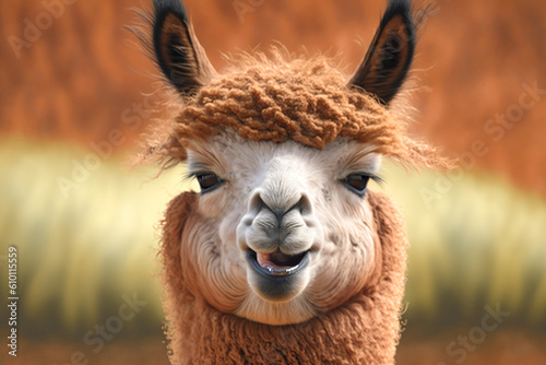 Portrait of cute alpaca. Realistic  smile funny animal concept image. Made with Generative AI