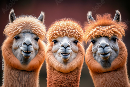 A herd of alpacas. Farm rural life, alpaca in outdoor concept image. Realistic, smile funny animal concept. Made with Generative AI