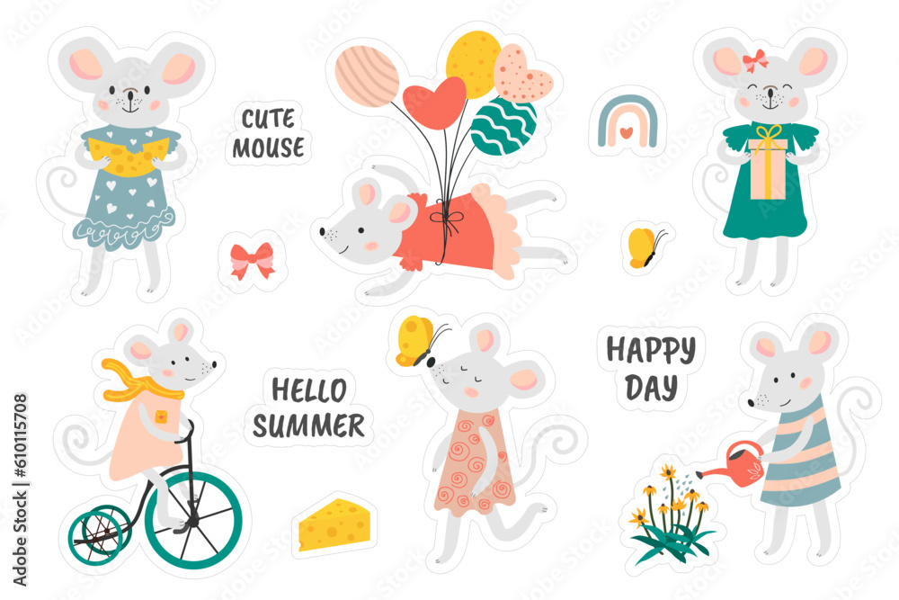 Set of stickers with cute mice. Vector mouse. Mouse flying on balloons, watering flowers, eating cheese. Cartoon gray mouse in a beautiful dress. Isolated background. Kids sticker. 

