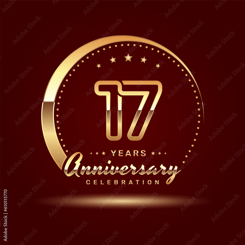 17 year anniversary celebration logo design with a number and golden ring concept, logo vector template 17 year anniversary celebration logo design with a number and golden ring concept, logo vector template