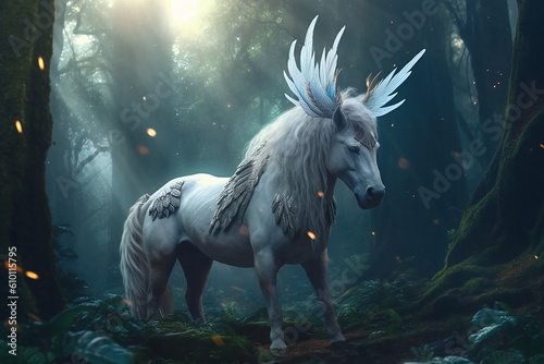 Majestic unicorn with wings standing gracefully in a field of vibrant wildflowers  surrounded by rolling hills. Created with AI Generator 