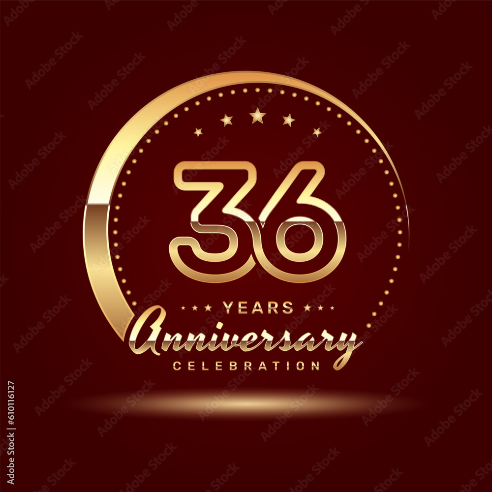 36 year anniversary celebration logo design with a number and golden ring concept, logo vector template