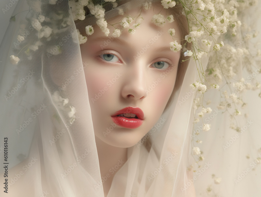 Beautiful young bride with veil and floral wreath. AI generated image.