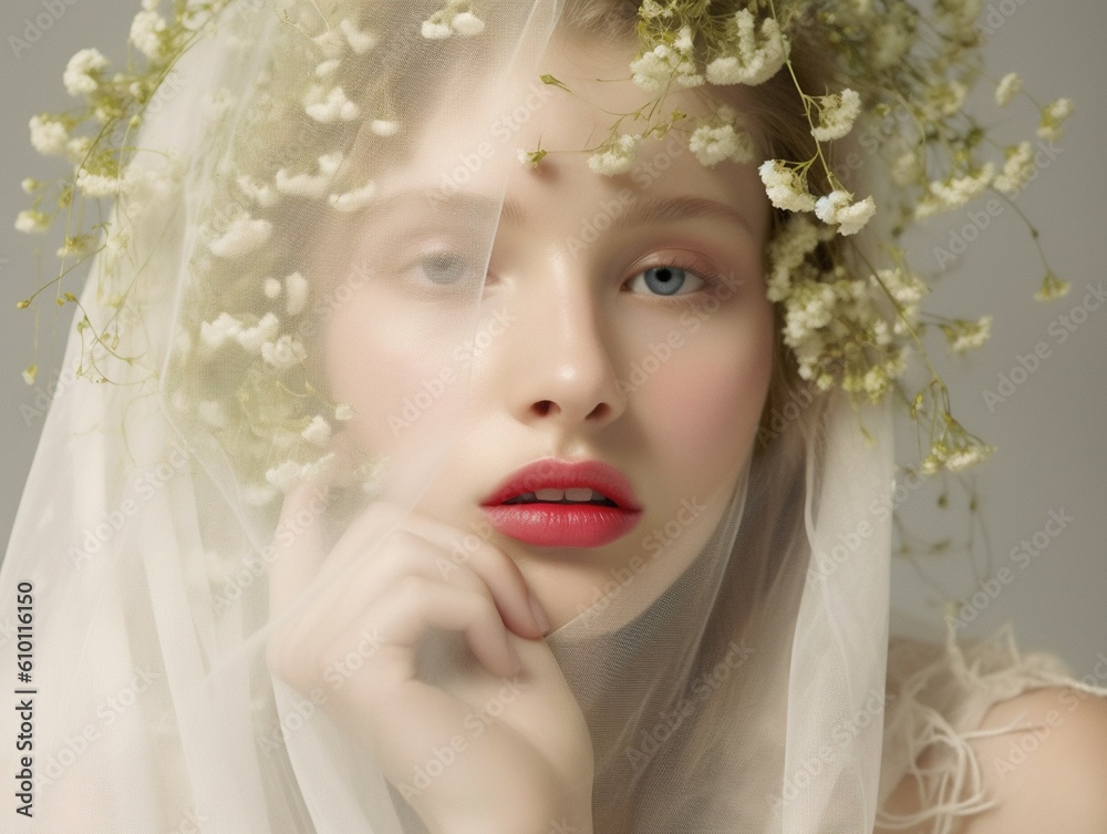 Beautiful young bride with veil and floral wreath. 
