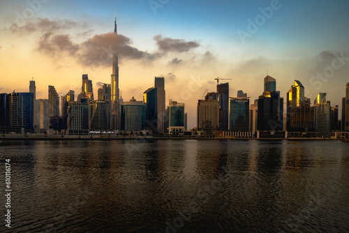 city skyline at sunset