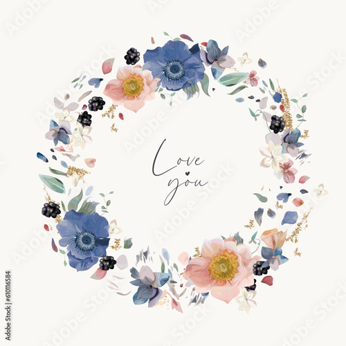 Floral wreath. Blue, blush, pink anemone flowers, white hydrangea petals, ber...