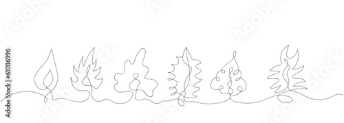 Continuous line drawing of six leaves. Leaves line art sltyle. One line drawing background. Vector illustration isolated on white background. Modern line art, aesthetic outline