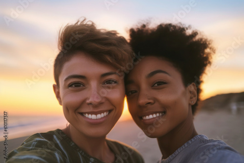 Selfie of two powerful lesbian women, LGBTQ acceptance, generative AI