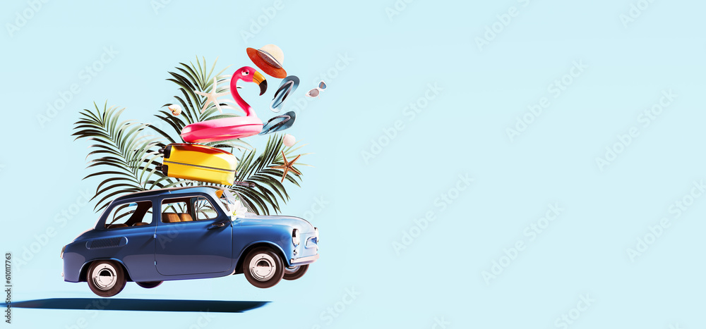 Fototapeta premium Blue car toy with luggage and pink flamingo on blue background with copy space. 3D Rendering, 3D Illustration