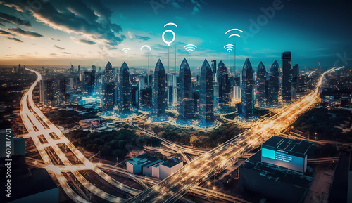 Smart city. 5G. Night city. Digital WIFI. generated by AI
