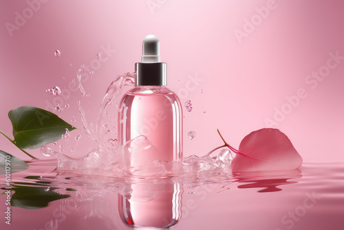 Cosmetic serum mockup with rose extract. Glass bottle with pipette dispenser on pastel pink background  clear liquid  water splashes. Generative AI photo imitation.