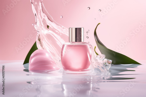 Mockup of Natural perfume with rose extract. Glass perfume bottle with lid on a pastel pink background, clear liquid, splashes, pink flowers. Generative AI professional photo imitation.