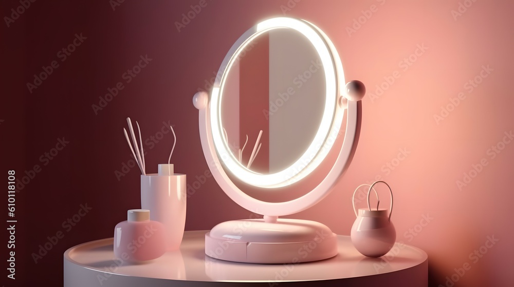 3D render close up white LED stand up makeup vanity mirror with tray on