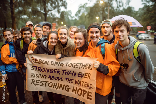 A group of volunteers, young Caucasian people in orange wests holding a sign. Generative AI.