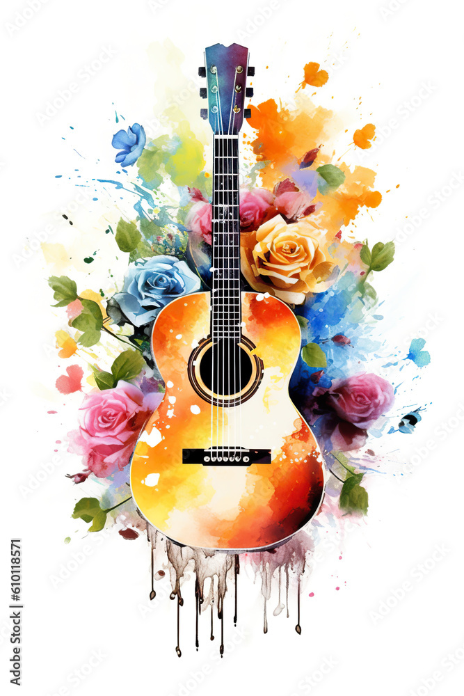 A painting of a guitar surrounded by flowers. Generative AI.