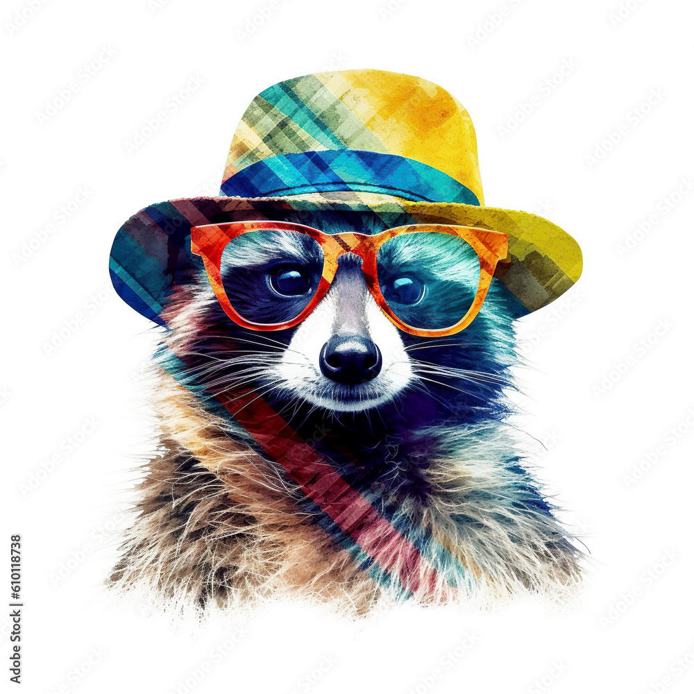 Funny party raccoon wearing colorful summer hat and stylish sunglasses isolated over white background. Colorful joyful greeting card for birthday or other festive events. Created with generative Ai
