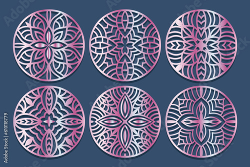 Lotus Mandala Vector Template Set for Cutting and Printing. Oriental silhouette ornament. Vector coaster design 