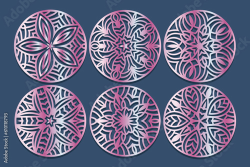 Lotus Mandala Vector Template Set for Cutting and Printing. Oriental silhouette ornament. Vector coaster design 