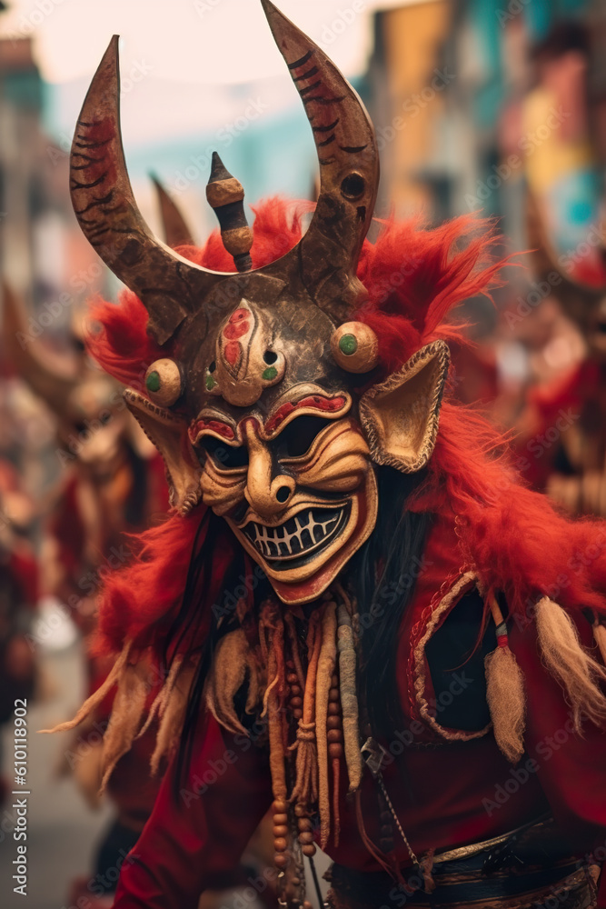 A group of people in costume walking down a street. Generative AI. La Diablada in Oruro, Bolivia.