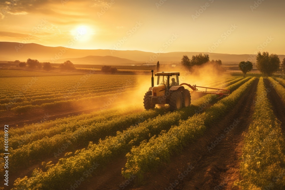 A tractor sprays pesticides on plantation field at sunset. Generative AI. A tractor sprays pesticides on plantation field at sunset. Generative AI.