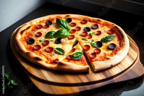 A pizza with basil leaves on a wooden board