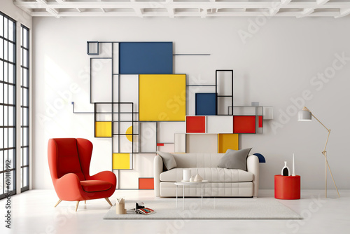 Red wingback chair and white sofa in bright room. Suprematism style interior design of modern living room with abstract geometric shapes. Created with generative AI