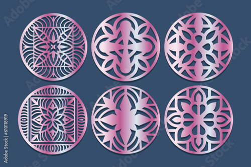 Lotus Mandala Vector Template Set for Cutting and Printing. Oriental silhouette ornament. Vector coaster design 