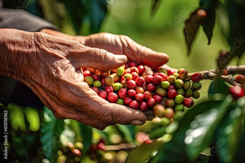 A person's hand picking red and green coffee beans, coffee plantation background. Generative AI. photo