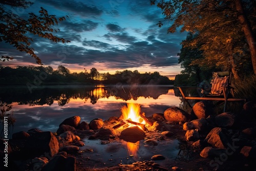 Campfire by a lake. Generative AI.