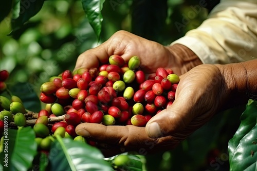 A person's hand picking red and green coffee beans, coffee plantation background. Generative AI.
