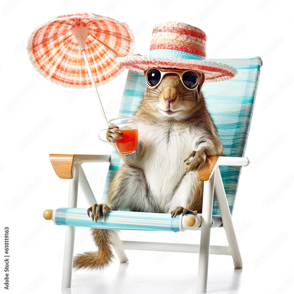 Funny squirrel wearing colorful summer hat and stylish sunglasses, holding glass with drink on beach chair isolated over white. Summer holiday and vacation concept. Created with generative Ai