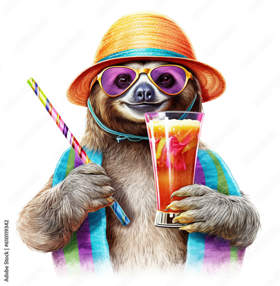 Happy and smiling sloth wearing colorful summer hat and stylish sunglasses holding cocktail glass with delicious drink, isolated over white background. Created with generative Ai
