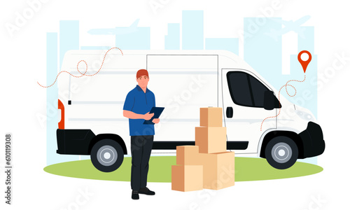 Delivery man carrying cargo. Shipping boxes. Cargo minibus.