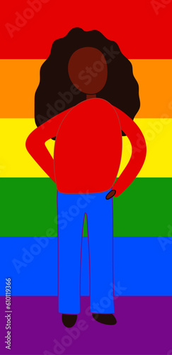 One person woman on LGBT rainbow background. The concept of protest, demonstration, fight for rights. Cartoon flat vector 