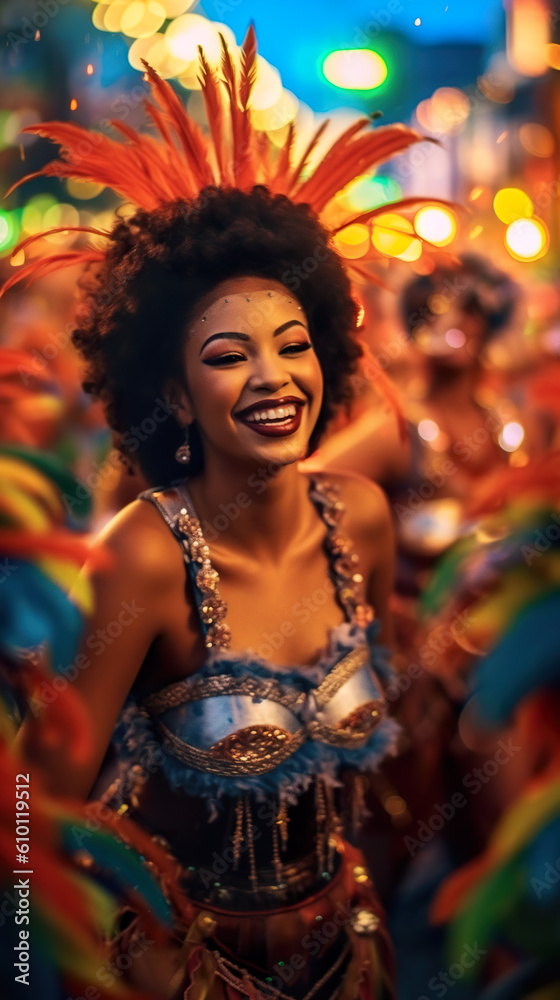 Imaginary young woman in Brazilian samba costume happily participates in a Latin-American festival, carnival or parade