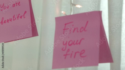 inspirational quotes on pink sticker on the mirror,handwriting text.