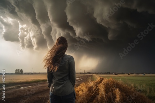 A AI generated non existing woman looking in the storm