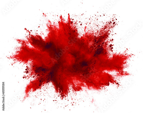 bright red holi paint color powder festival explosion burst isolated white background. industrial print concept background © stockphoto-graf