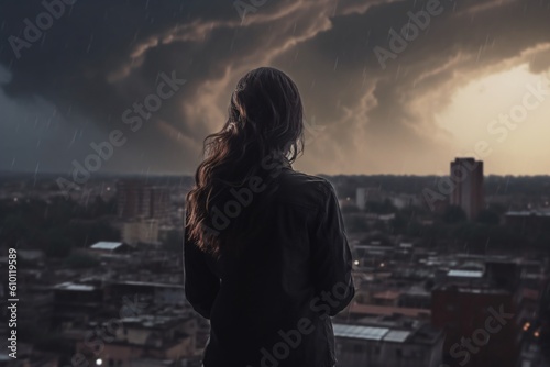 A AI generated non existing woman looking in the storm